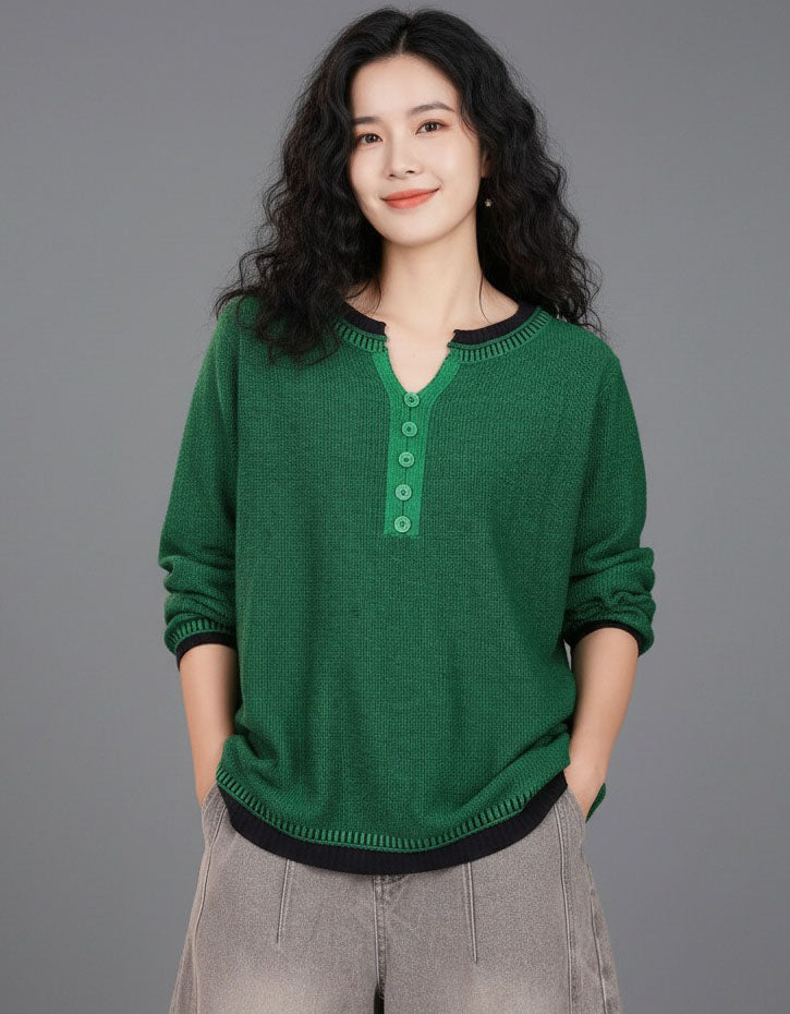 Women’s Green Button Front Knit Sweater Casual Pullover