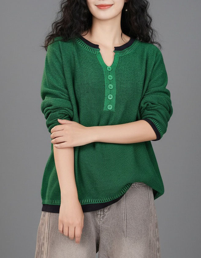 Women’s Casual Green Ribbed Knit Button Front Sweater