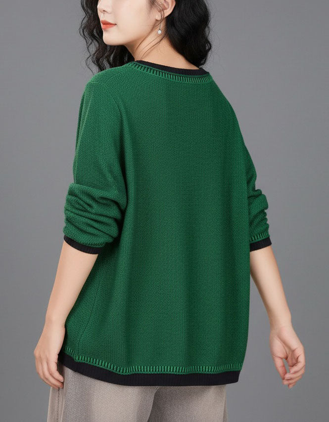Women’s Green Button Front Knit Sweater Casual Pullover