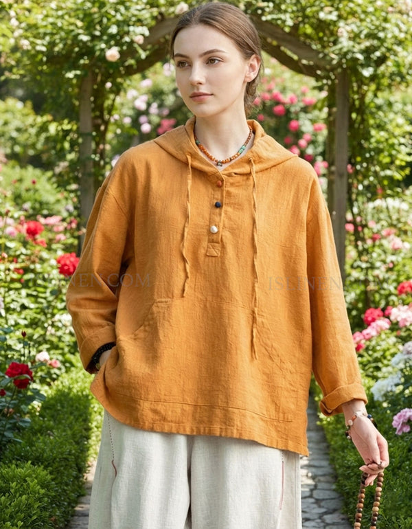 Women’s yellow casual linen hoodie top with button neckline front view