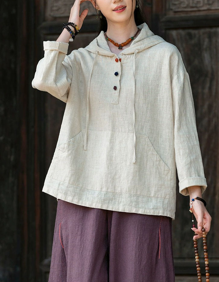 Loose fit linen hooded top women with kangaroo pocket