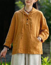 Loose fit linen yellow hooded top women with kangaroo pocket