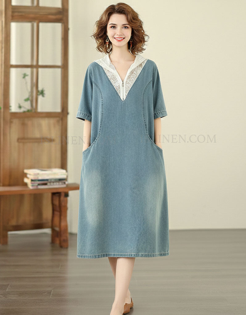 Front view women’s lace V-neck denim dress with pockets