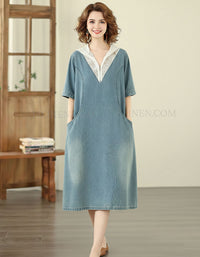 Front view women’s lace V-neck denim dress with pockets