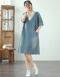 Back view loose fit denim dress with lace collar