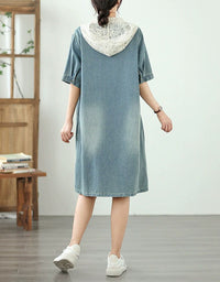 Back view loose fit denim dress with lace collar back view