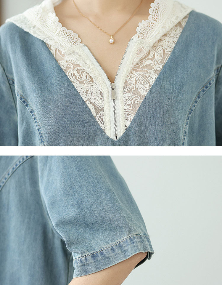 Casual knee-length denim dress with lace neckline