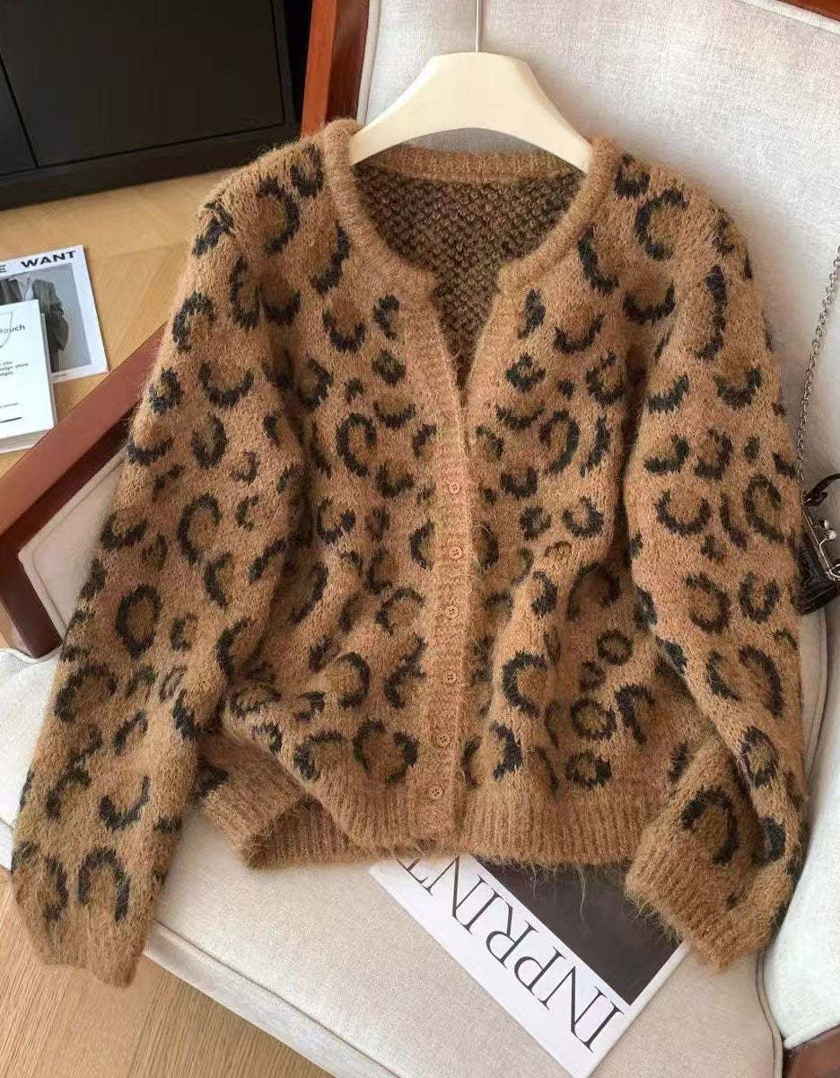 Women’s Casual Leopard Pattern Knit Sweater Cardigan