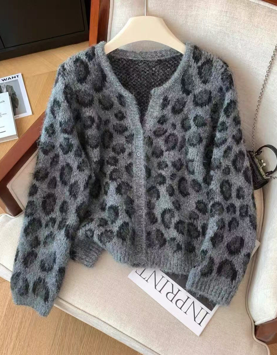 Women’s Casual Leopard Pattern Knit Sweater Cardigan
