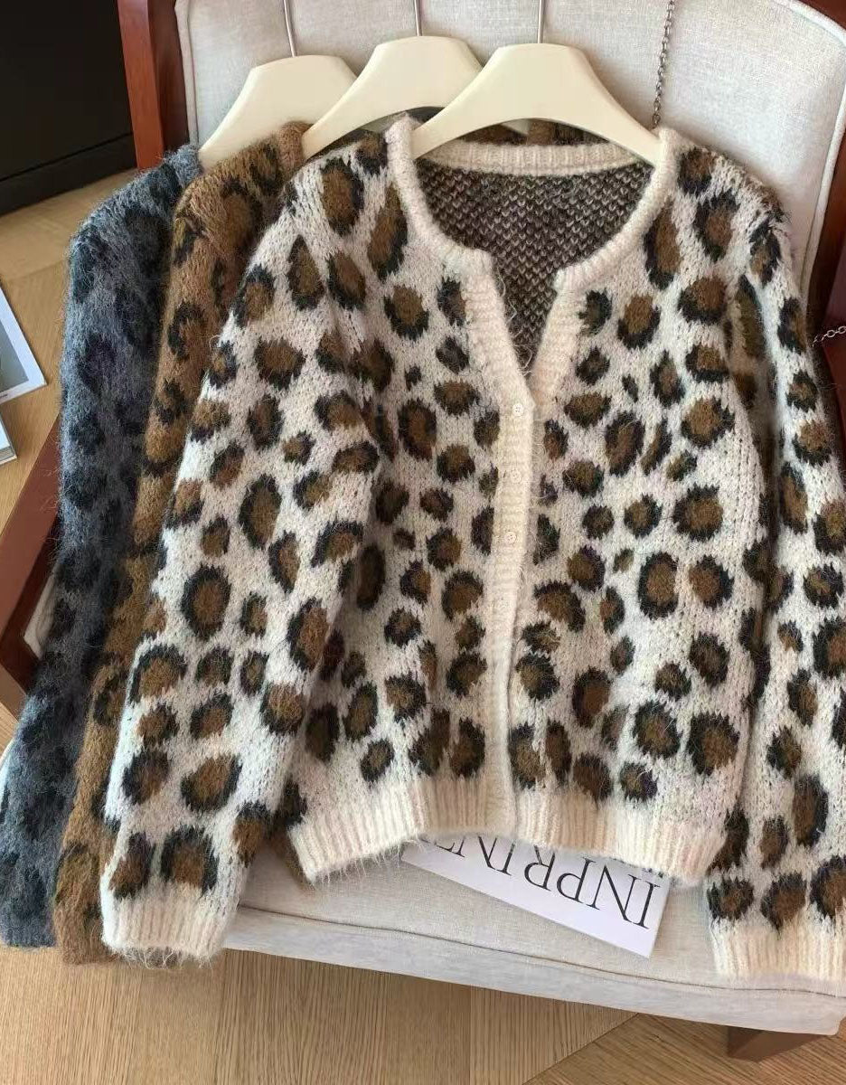 Women’s Casual Leopard Pattern Knit Sweater Cardigan