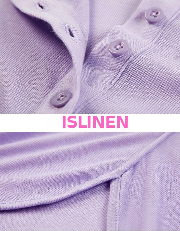 Close-up of a lilac fabric with buttons and the brand name 'ISLINEN' displayed.