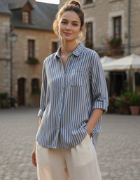 Women’s striped button-up shirt with pocket and relaxed fit blue