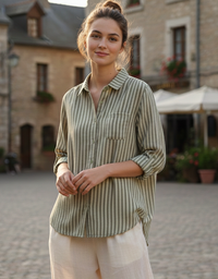 Women’s striped button-up shirt with pocket and relaxed fit green