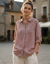 Women’s striped button-up shirt with pocket and relaxed fit pink