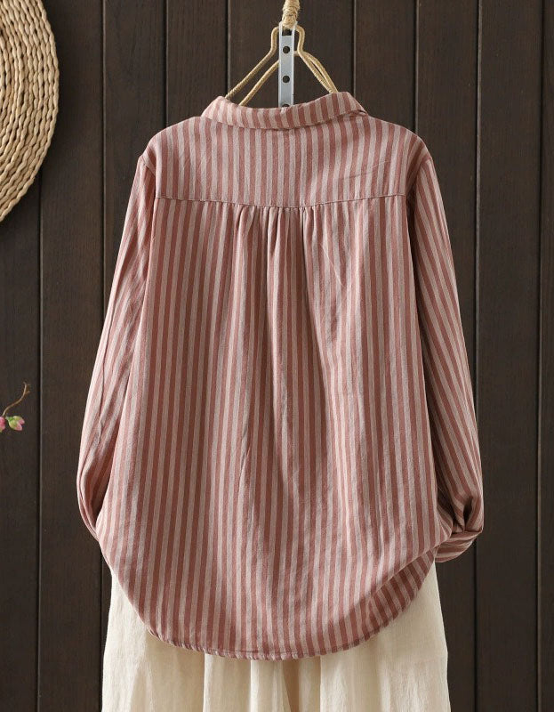 Front view of women’s long sleeve striped shirt with button closure back view