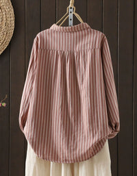 Front view of women’s long sleeve striped shirt with button closure back view