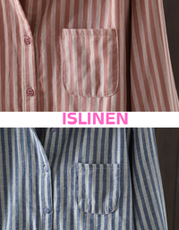 Close-up of the striped pattern and pocket detail on the women’s shirt
