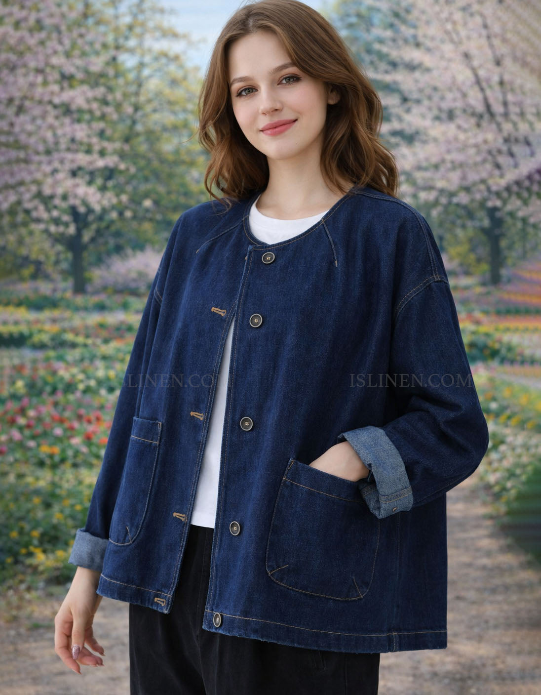 Women’s loose fit denim jacket front view