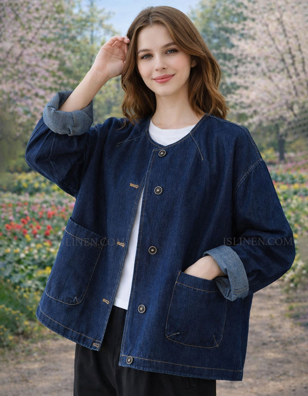 Casual button front denim jacket for women
