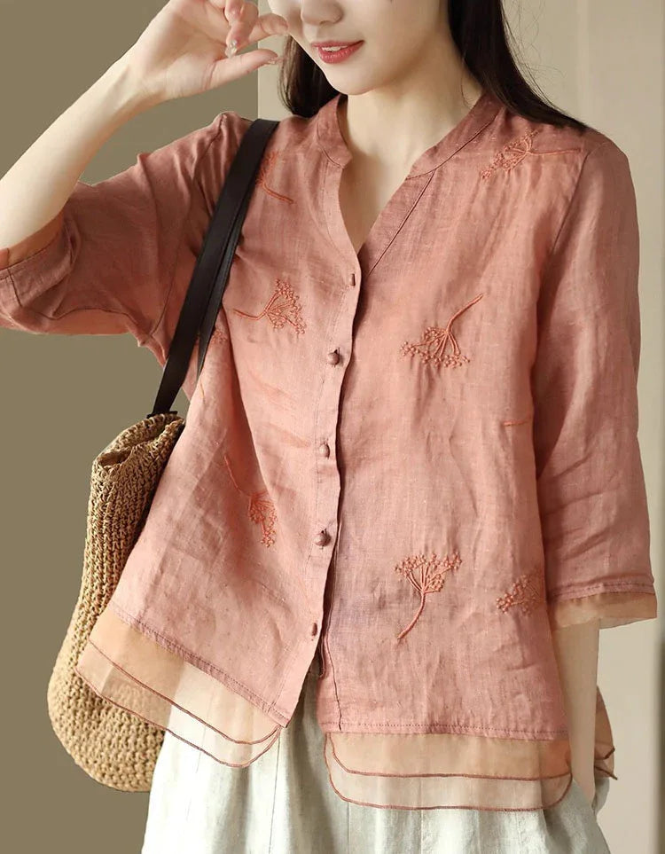 Women’s Casual Loose Embroidered Linen Blouse - Islinen