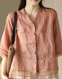 Women’s Casual Loose Embroidered Linen Blouse - Islinen