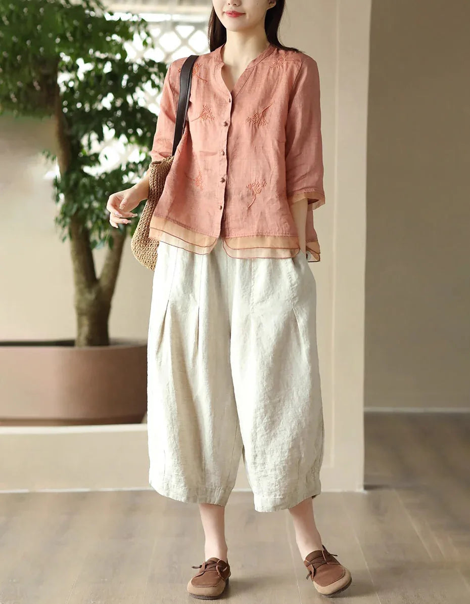 Women’s Casual Loose Embroidered Linen Blouse - Islinen