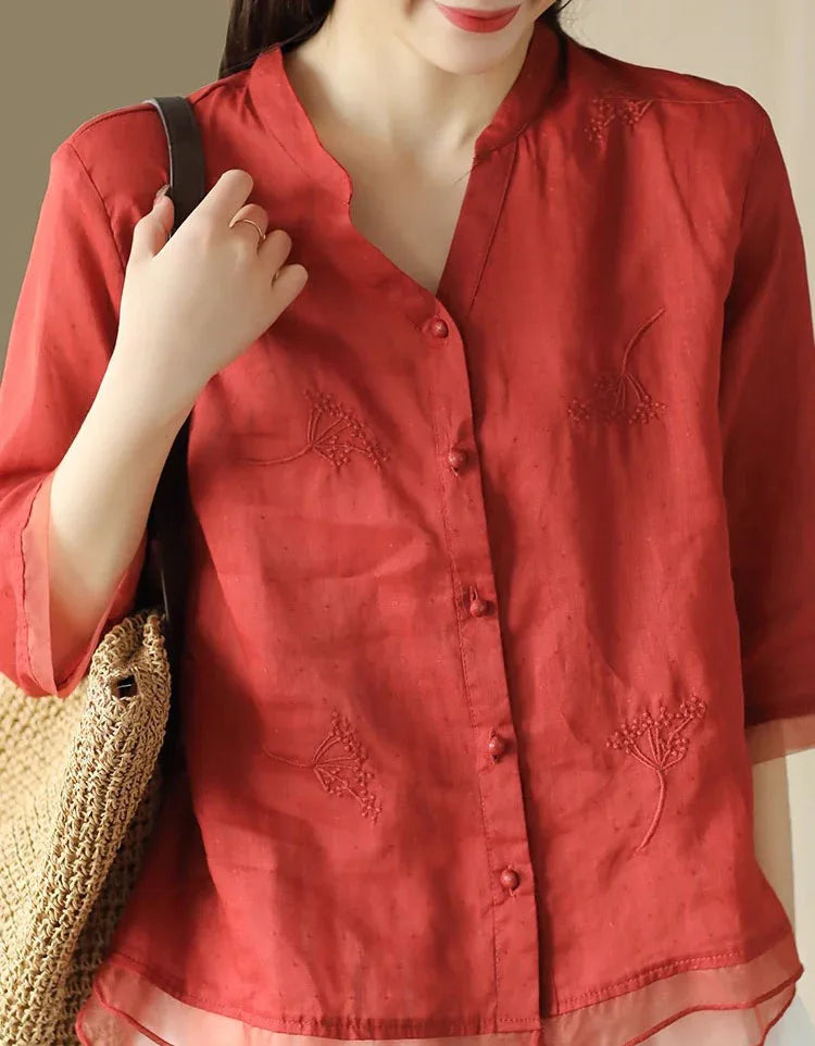 Women’s Casual Loose Embroidered Linen Blouse - Islinen