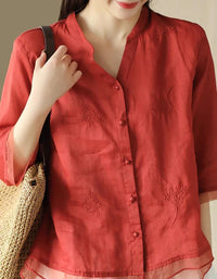 Women’s Casual Loose Embroidered Linen Blouse - Islinen