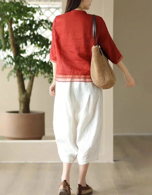 Women’s Casual Loose Embroidered Linen Blouse - Islinen