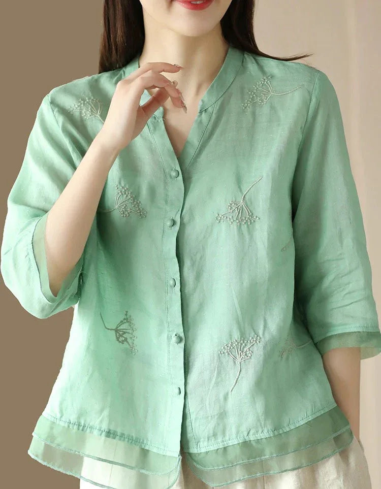 Women’s Casual Loose Embroidered Linen Blouse - Islinen