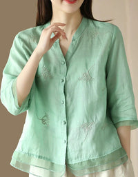 Women’s Casual Loose Embroidered Linen Blouse - Islinen
