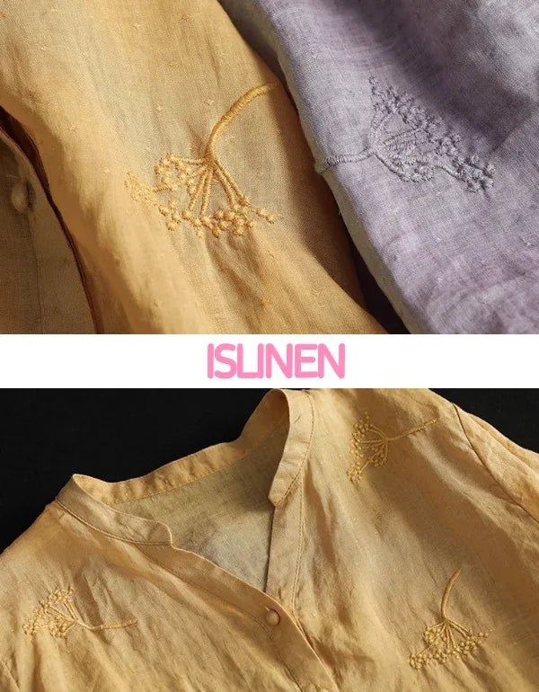 Women’s Casual Loose Embroidered Linen Blouse - Islinen