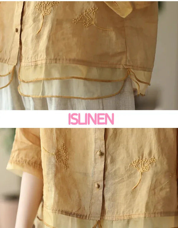 Women’s Casual Loose Embroidered Linen Blouse - Islinen