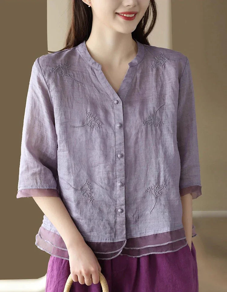 Women’s Casual Loose Embroidered Linen Blouse - Islinen