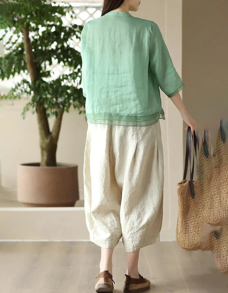 Women’s Casual Loose Embroidered Linen Blouse - Islinen