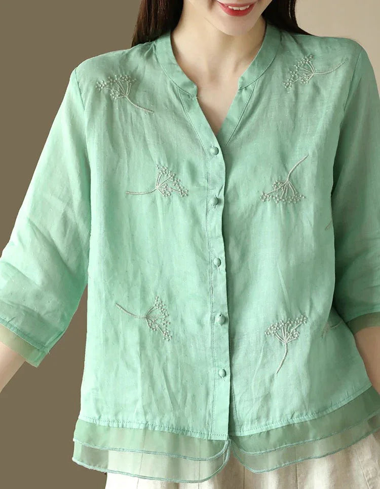 Women’s Casual Loose Embroidered Linen Blouse - Islinen