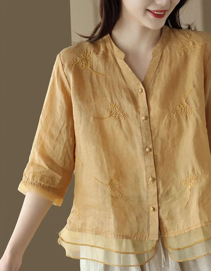 Women’s Casual Loose Embroidered Linen Blouse - Islinen