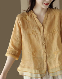 Women’s Casual Loose Embroidered Linen Blouse - Islinen