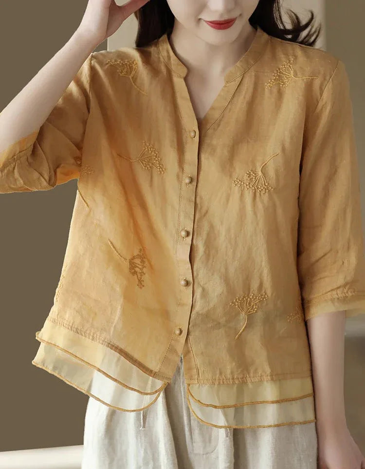 Women’s Casual Loose Embroidered Linen Blouse - Islinen