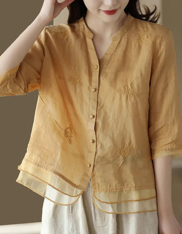 Women’s Casual Loose Embroidered Linen Blouse - Islinen