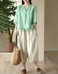 Women’s Casual Loose Embroidered Linen Blouse - Islinen