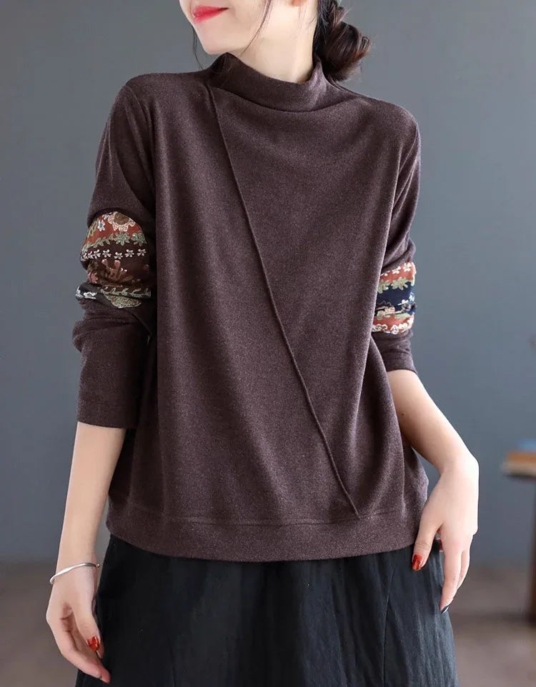 Women’s Casual Loose Ethnic Patchwork Turtleneck Sweatshirt - Islinen