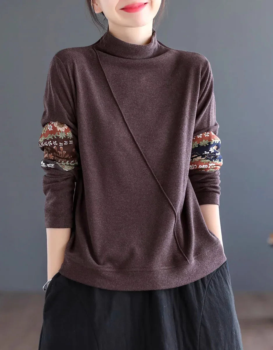 Women’s Casual Loose Ethnic Patchwork Turtleneck Sweatshirt - Islinen