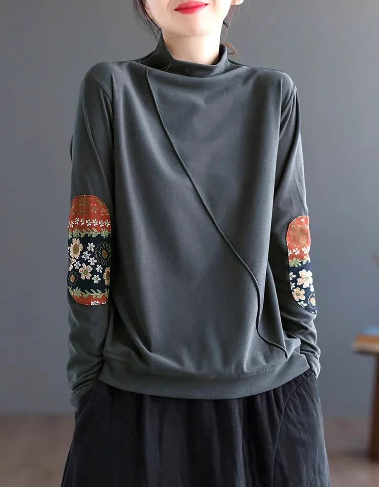 Women’s Casual Loose Ethnic Patchwork Turtleneck Sweatshirt - Islinen