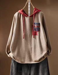 Women's Retro Hooded Knit Sweater with Patterned Pocket
