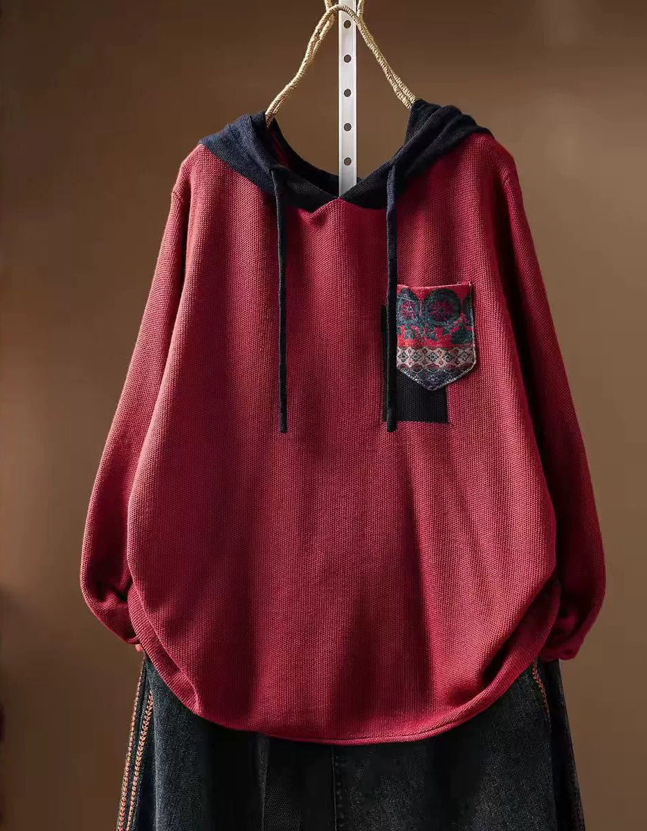 Women's Loose Fit Hooded Knit Sweater with Contrast Pocket