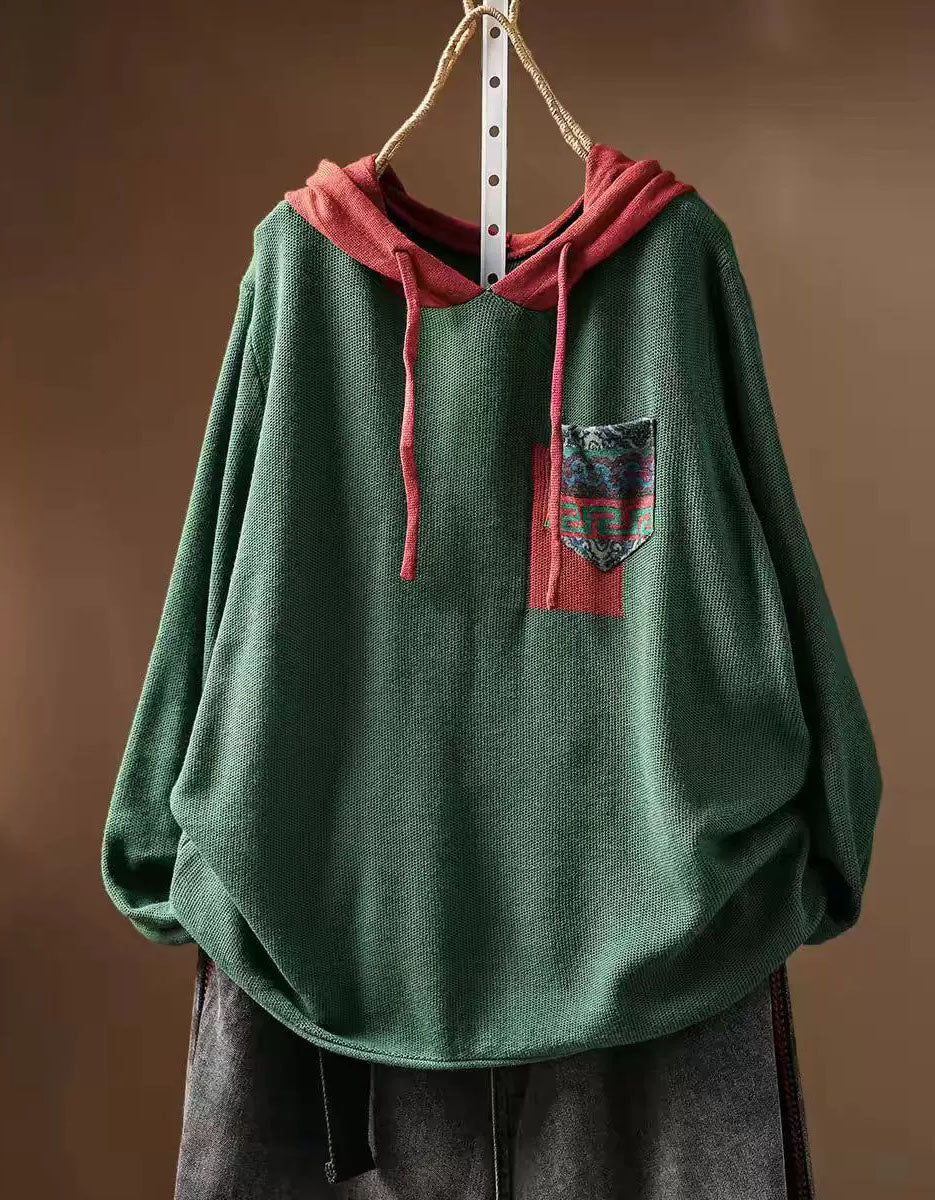 Women's Casual Beige Hooded Knit Pullover with Red Hood