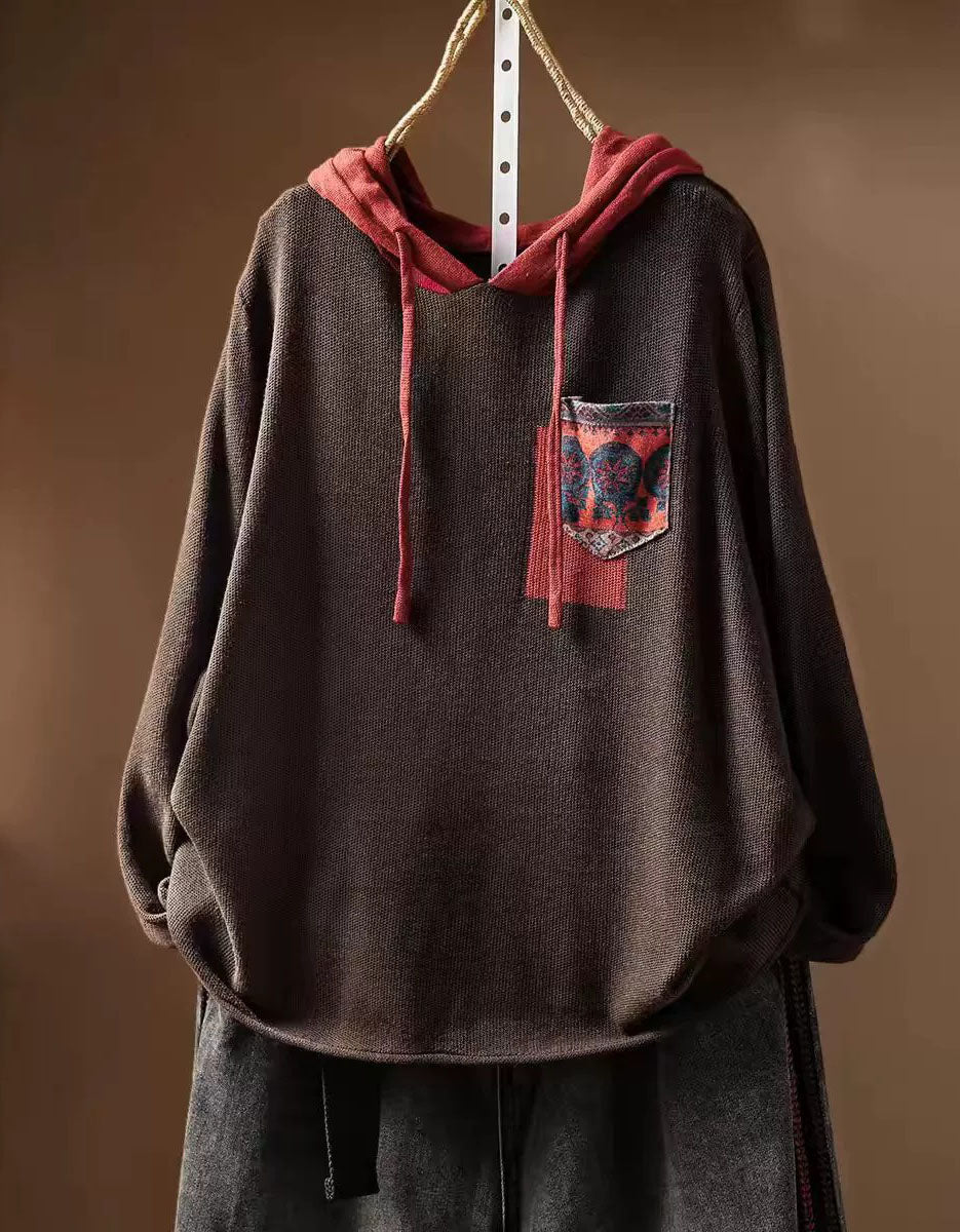 Women's Loose Knit Hooded Pullover with Decorative Pocket