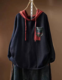 Women's Vintage Beige Hooded Sweater with Contrast Detail