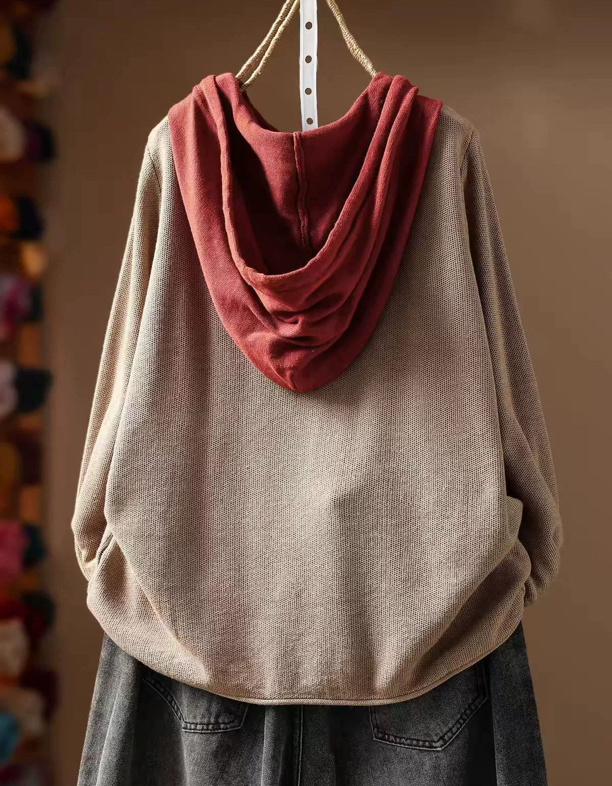 Women's Casual Loose Hooded Knit Top with Front Pocket